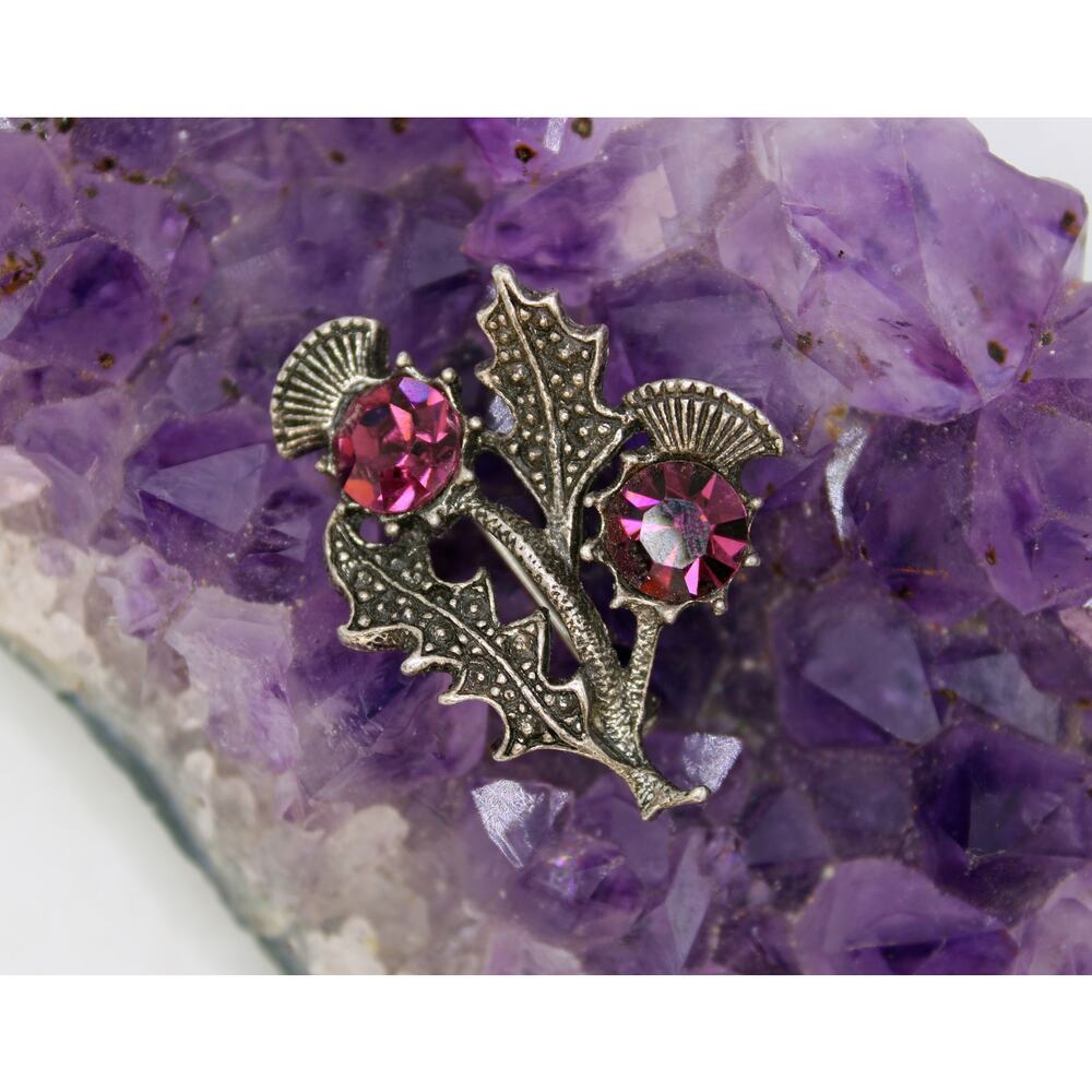 Miracle Silver Tone Purple Rhinestone Scottish Thistle Brooch